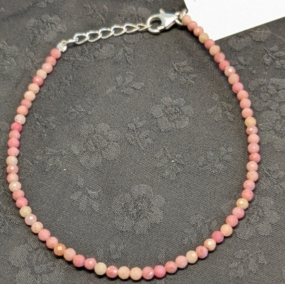 🆕 Genuine Norwegian Pink Thulite Pink Gemstone Sterling Silver Bracelet 2mm
